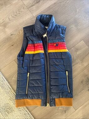 Aviator Nation Navy Quilted Puffer Vest with Rainbow Stripe
